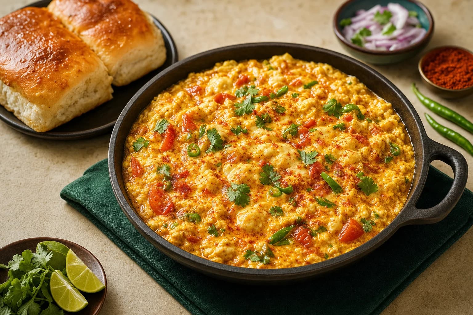 Creamy, cheesy egg dish with herbs and toasted pav